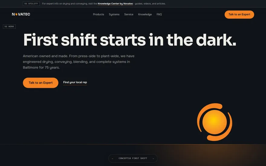 Concept 10 preview: dark pre-dawn homepage where the Novatec sun rises on scroll