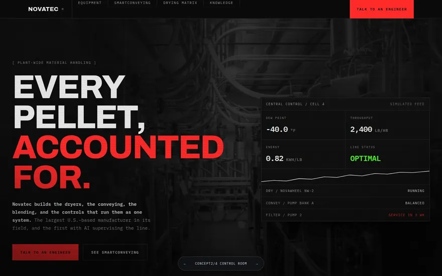Concept 2 preview: dark engineering homepage with control panel