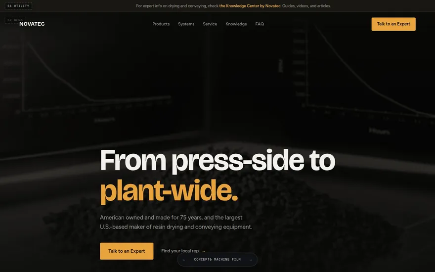 Concept 6 preview: near-black cinematic homepage with machine portraits