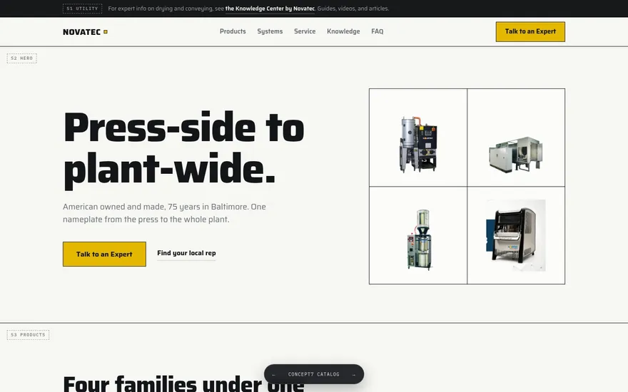 Concept 7 preview: hardware catalog homepage with seven named dryer plates
