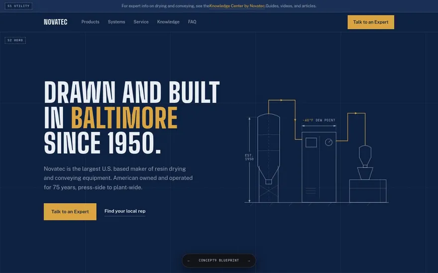 Concept 9 preview: navy blueprint homepage with self-drawing linework