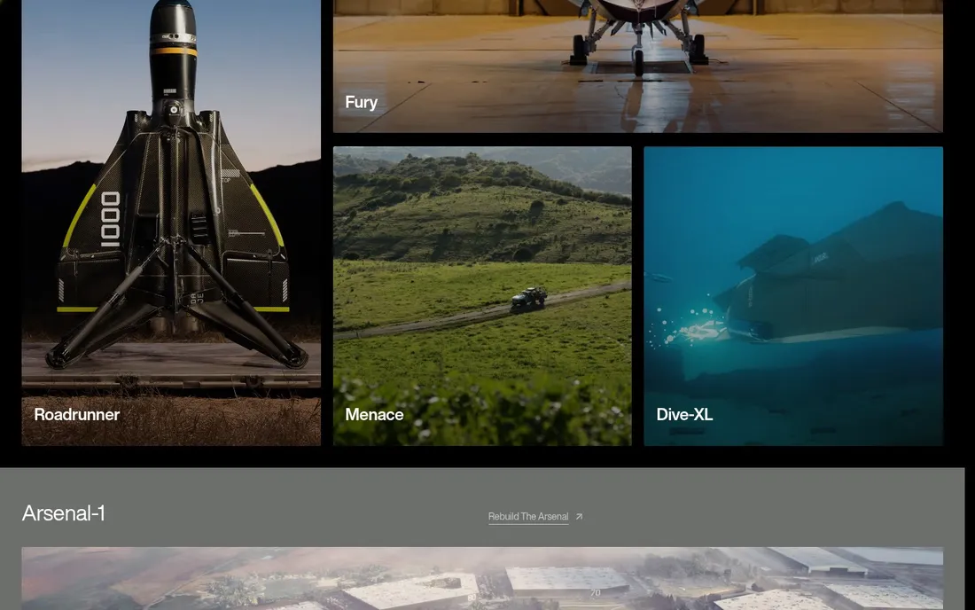 Anduril hardware grid: named products in dark photographic cells