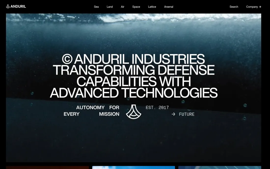 Anduril homepage: all caps statement set over a dark ocean