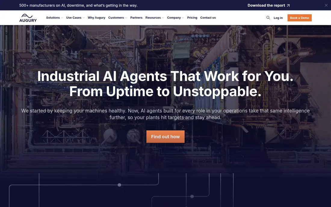 Augury homepage: industrial AI claim over real plant photography