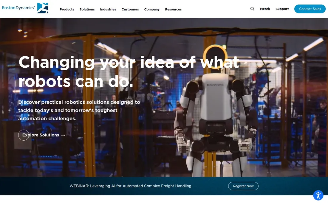 Boston Dynamics homepage: humanoid robot working in a facility, video hero
