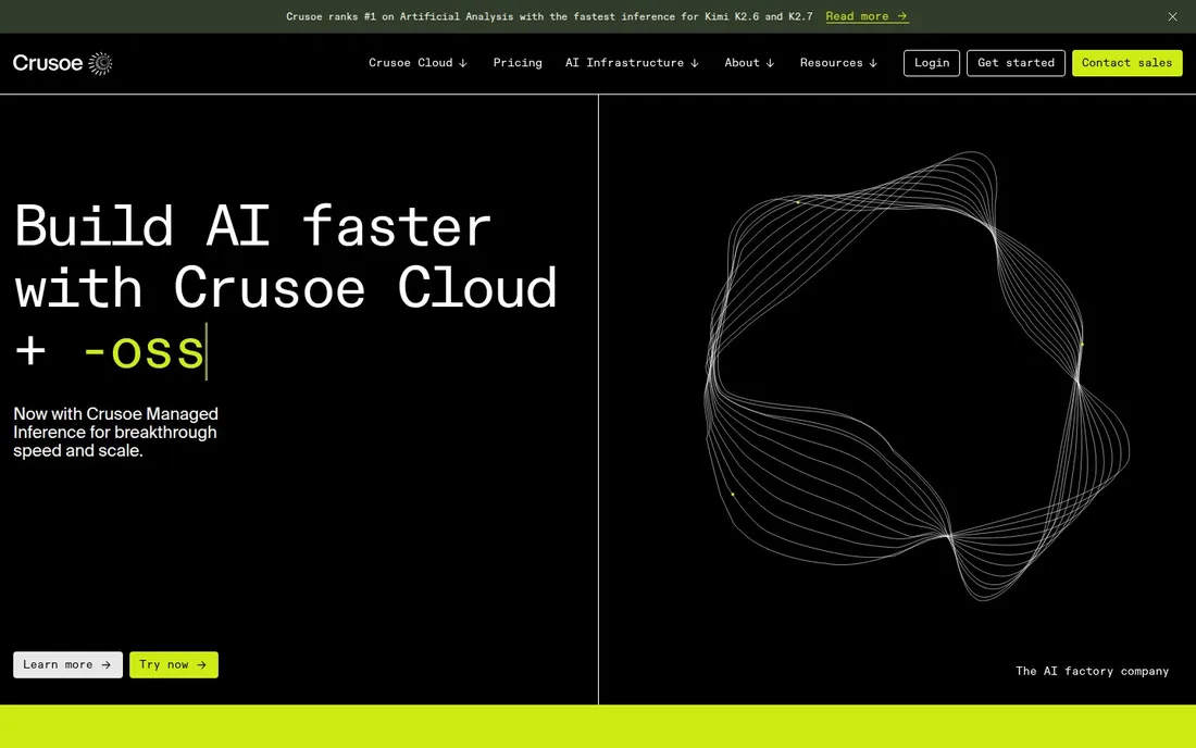 Crusoe homepage: terminal type with acid green accent and wireframe orb