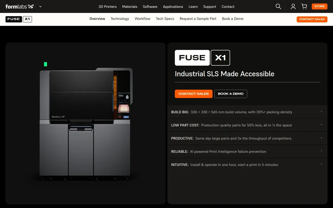 Formlabs Fuse X1 product page: machine portrait beside stacked spec rows