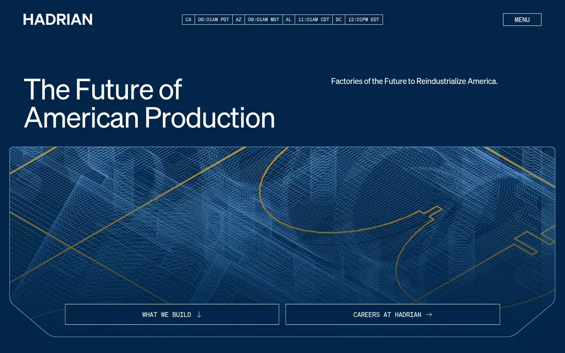 Hadrian homepage: navy drafting linework, The Future of American Production