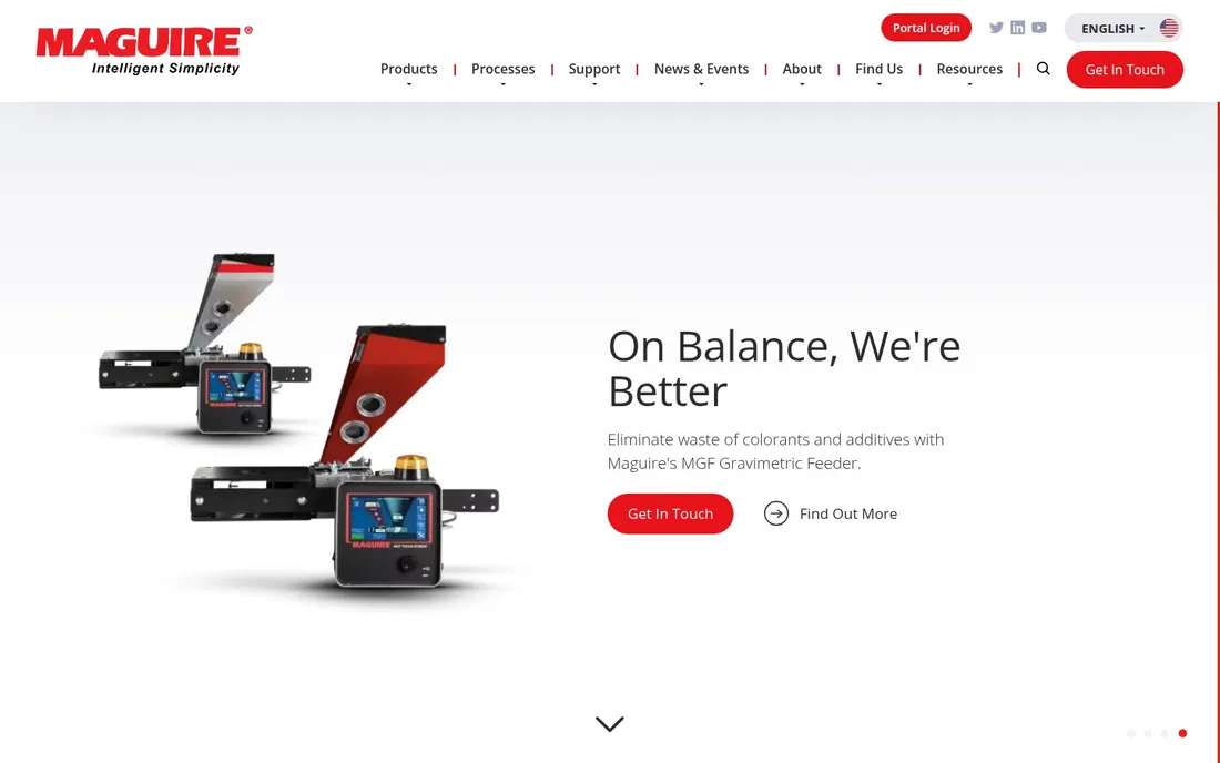 Maguire homepage: white, product-led hero with gravimetric feeder