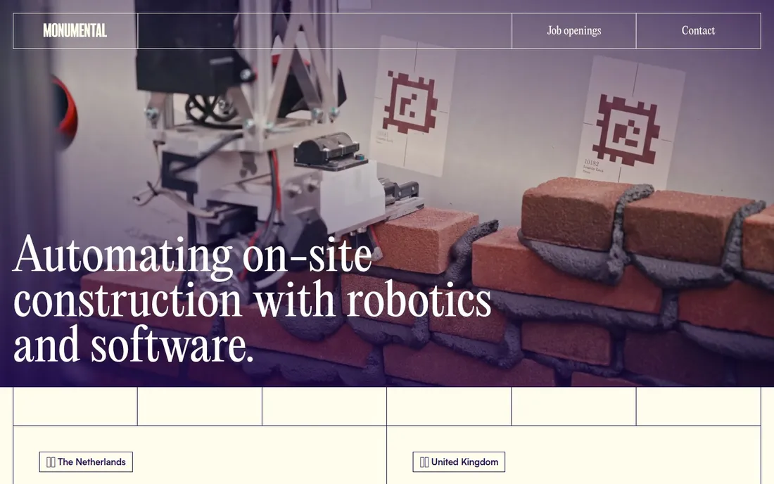 Monumental homepage: serif headline over bricklaying robot photography