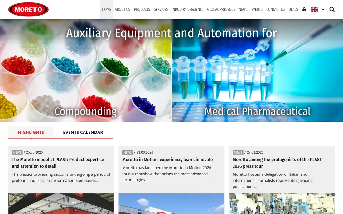 Moretto homepage: photographic slider with news cards below