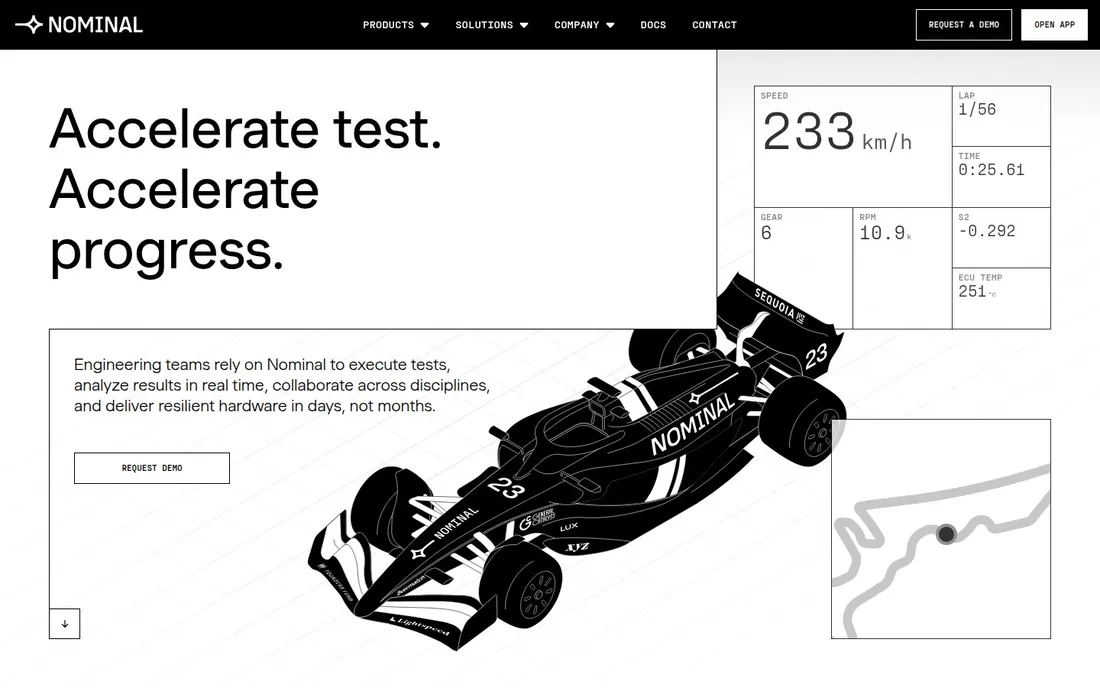 Nominal homepage: technical F1 illustration with HUD data card on white
