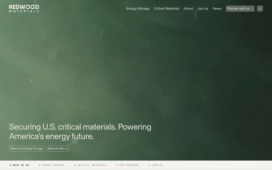 Redwood Materials homepage: moody green macro of battery material