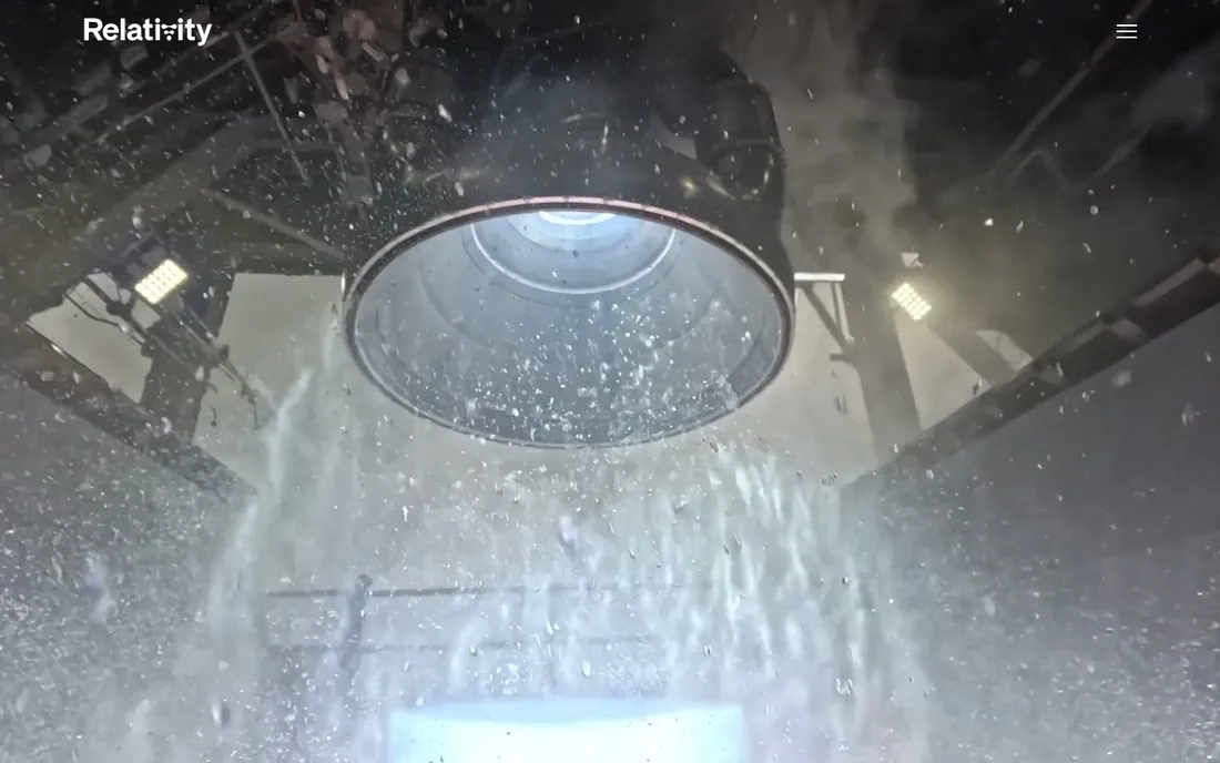 Relativity Space homepage: single full-bleed rocket engine photograph