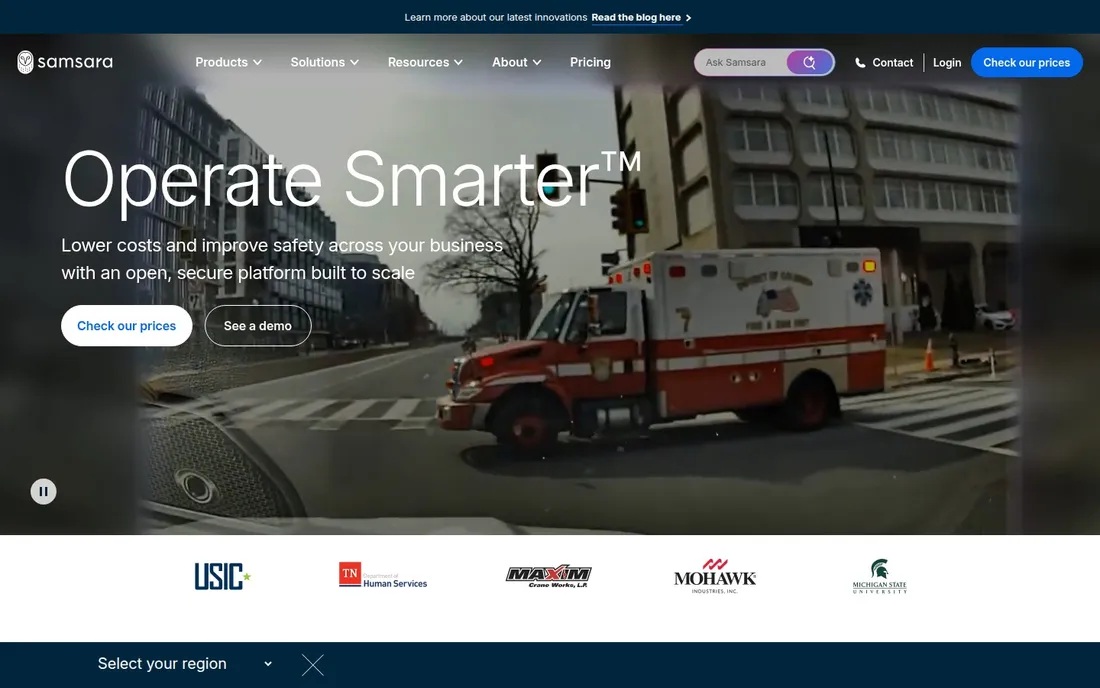 Samsara homepage: benefit headline with product UI over fleet photo