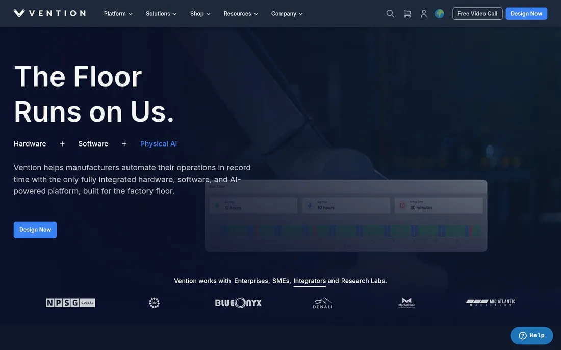 Vention homepage: The Floor Runs on Us platform claim